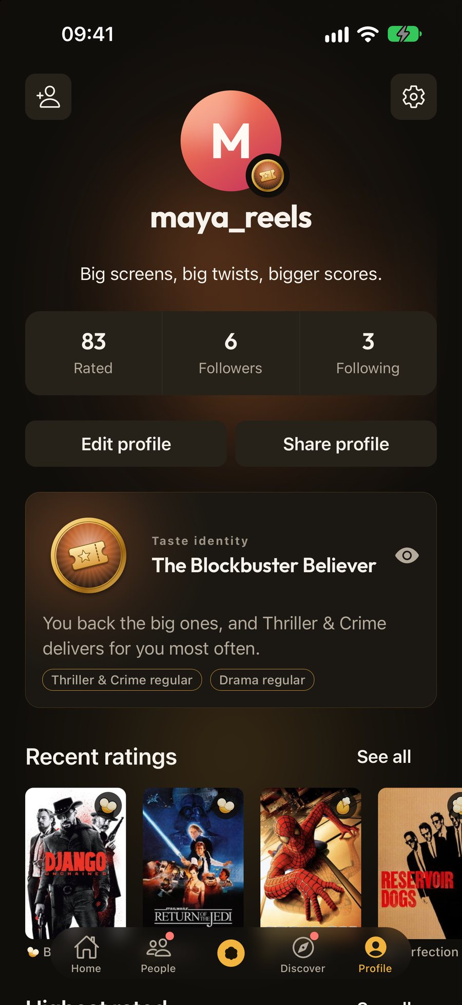 A poppd profile with a gold taste-identity badge on the avatar, rating stats and the taste card