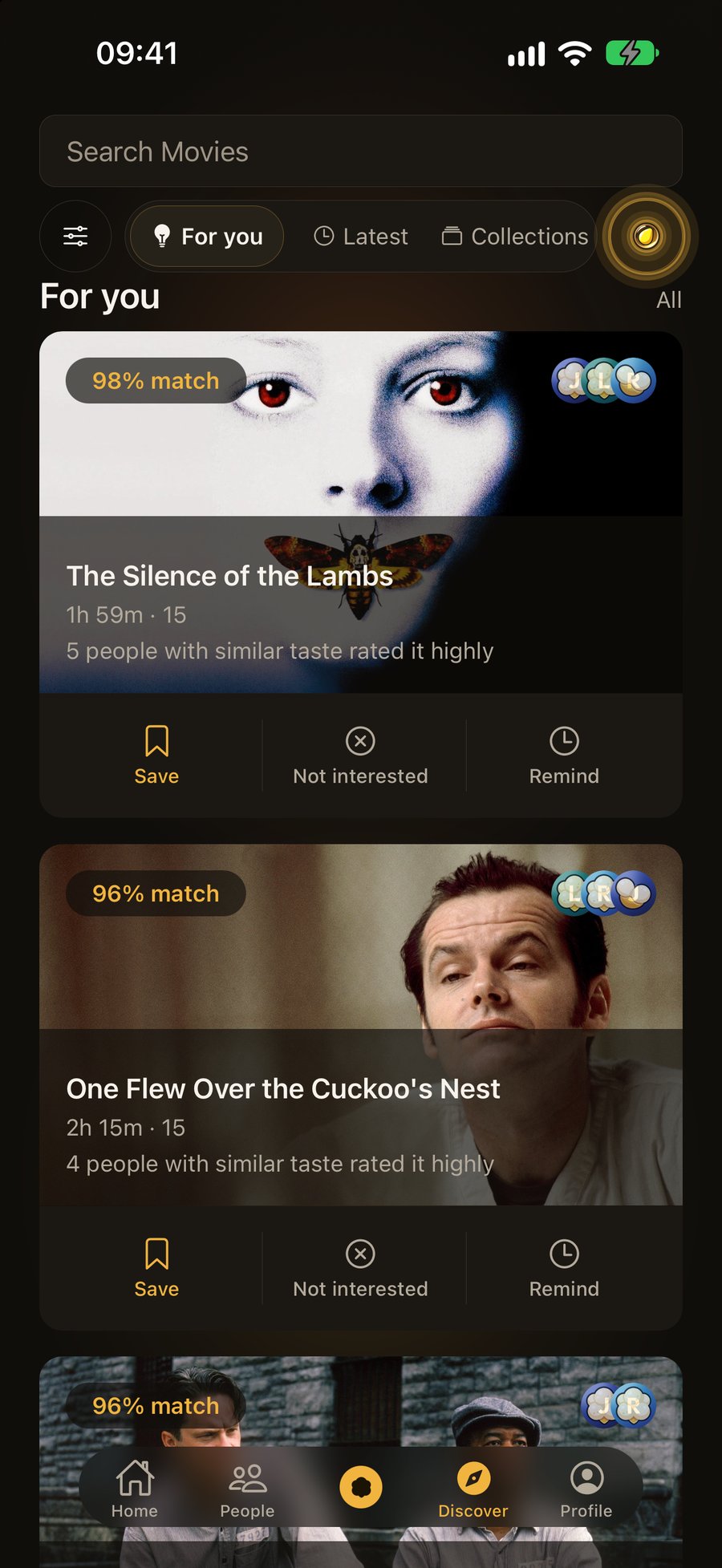 The Discover tab in poppd: recommendation cards for The Silence of the Lambs, One Flew Over the Cuckoo's Nest and The Shawshank Redemption, each with its own match percentage and the reason