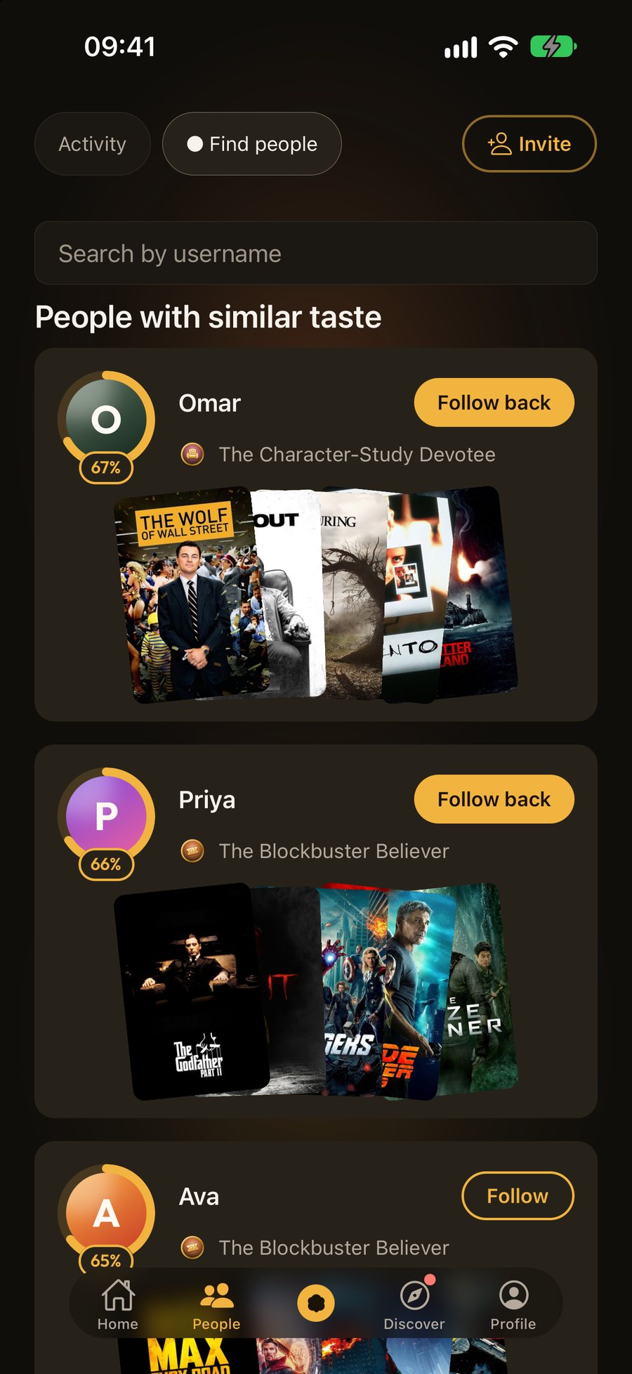 The People tab in poppd: people with similar taste, each with a match percentage and a fan of their top-rated posters