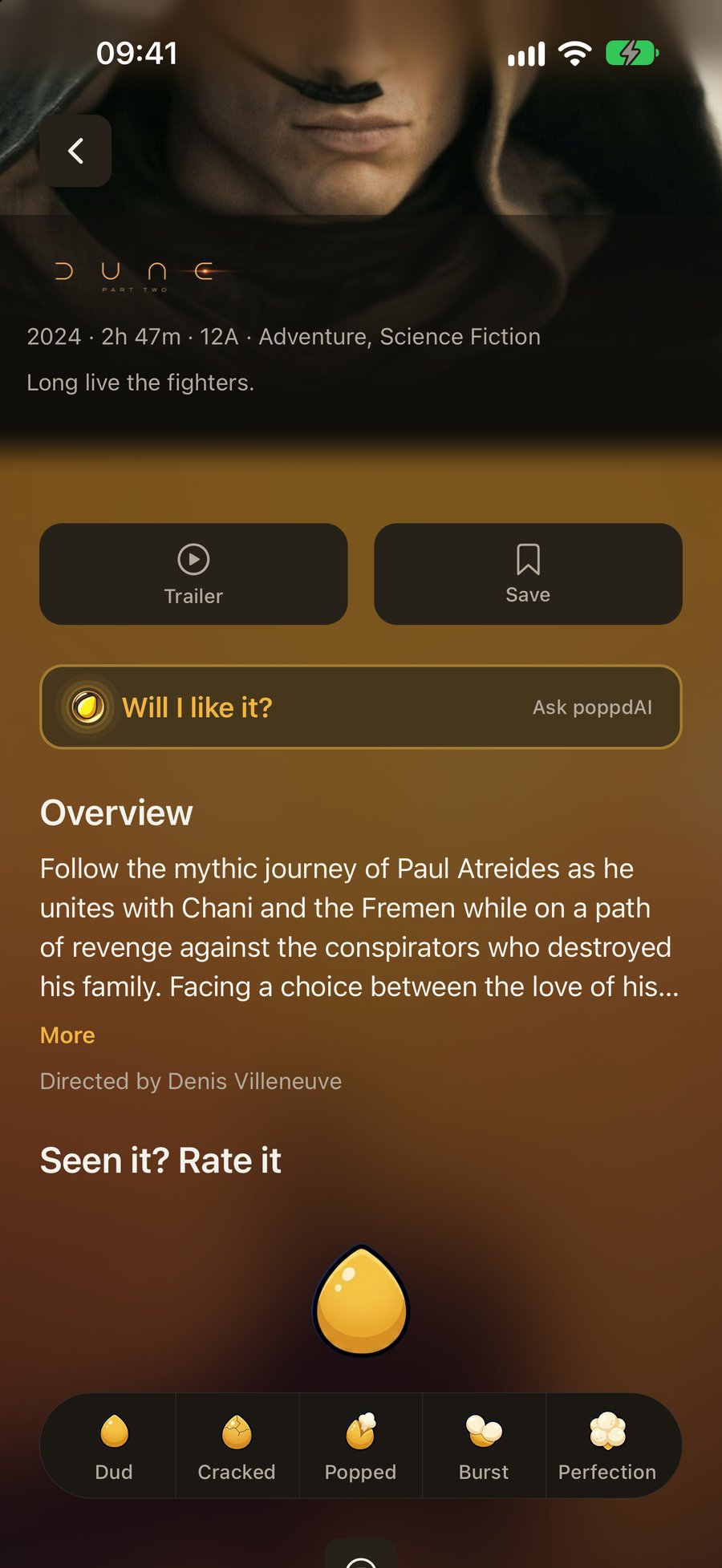 A movie page in poppd with the five-stage popcorn rating control: Dud, Cracked, Popped, Burst, Perfection